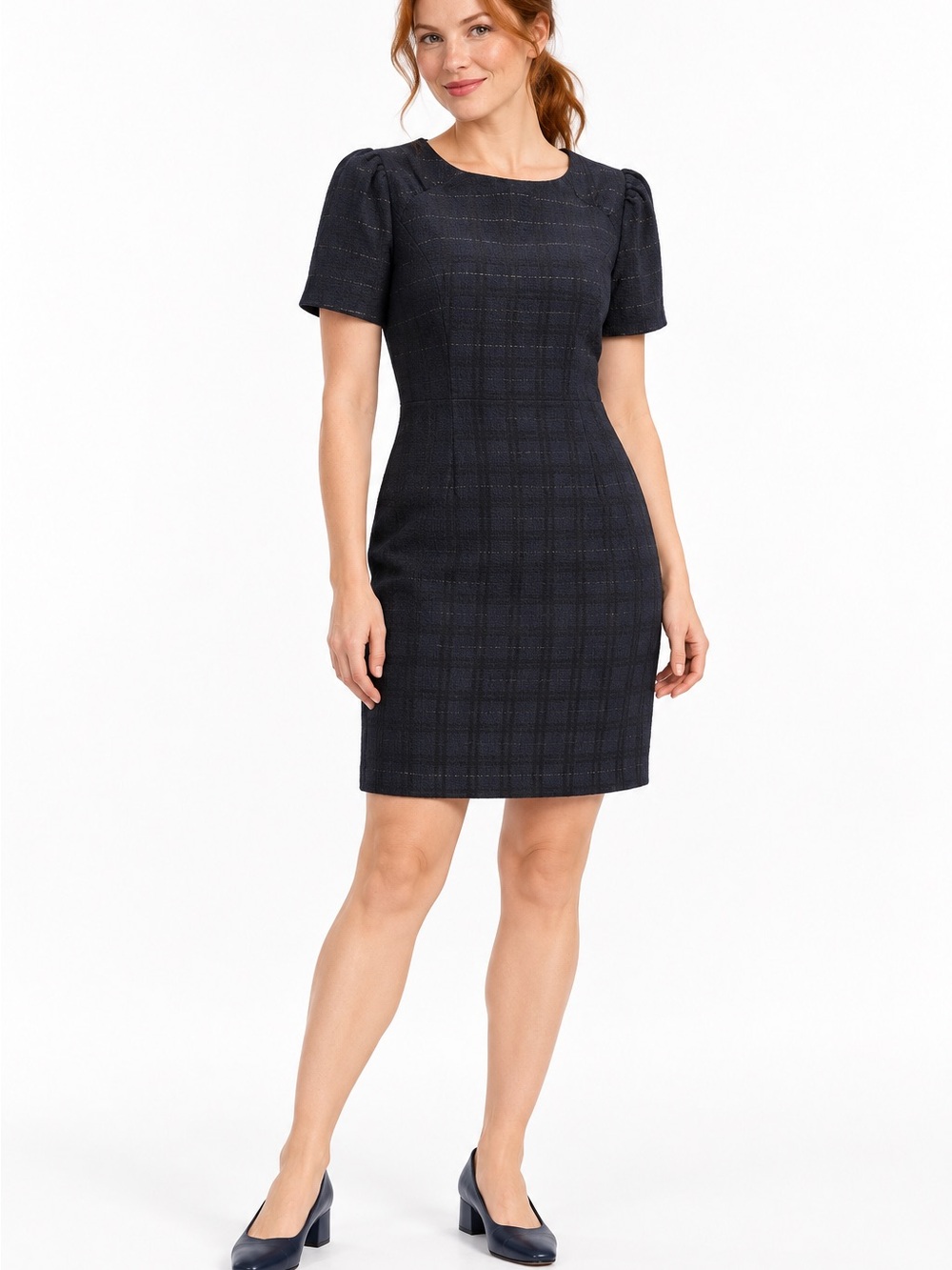Tommy Hilfiger Navy Plaid Puff-Sleeve Sheath Dress